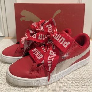 ❤️👟 Puma Women’s Heart Basket DE Red Leather & White Suede Sneakers